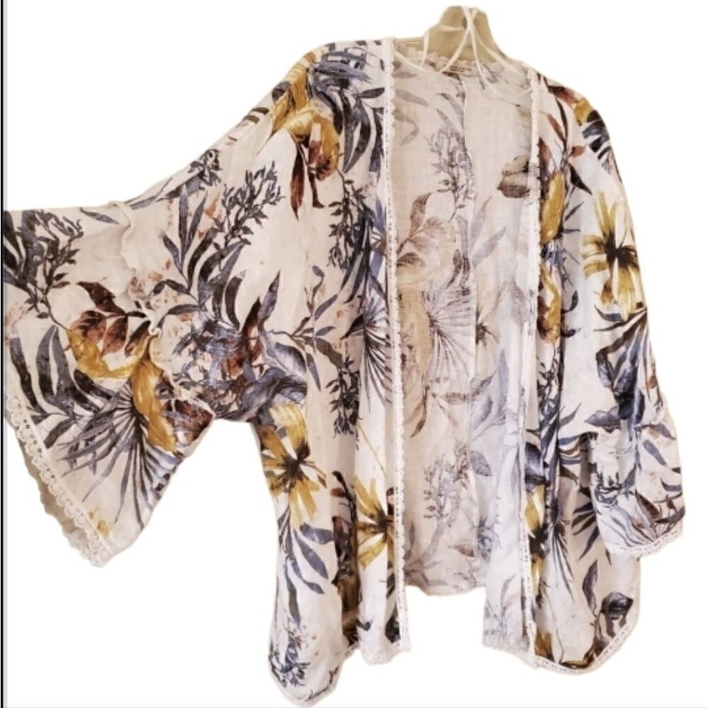 Francesca Bettini Italy Floral Linen Kimono Wrap Lace Trim OS